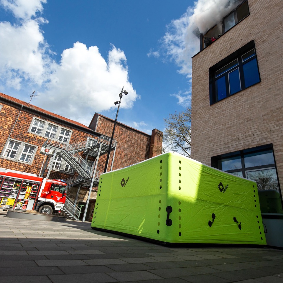 Vetter rescue jump cushion deployed at a building emergency — Abbey Worldwide